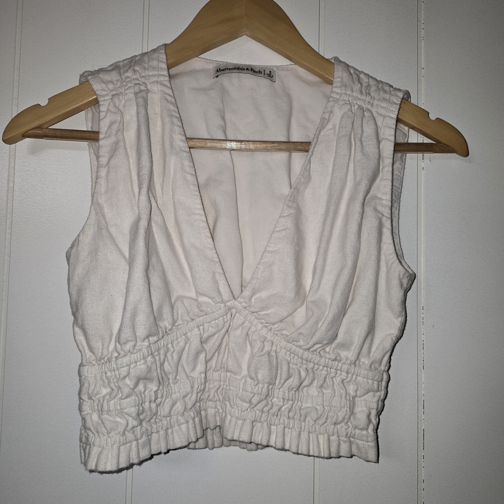 Abercrombie & Fitch Cream Smocked V-Neck Crop Camisole